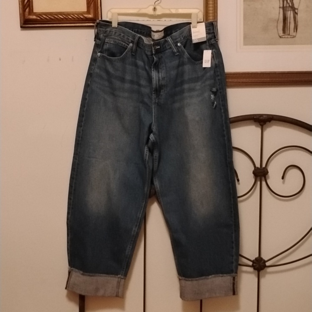 GAP High Rise Cuffed Barrel Jeans Medium Indigo Size 35 (Size 20R) NWT